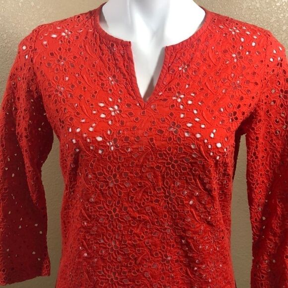 Talbots small 3/4 sleeve orange eyelet blouse - Picture 2 of 4